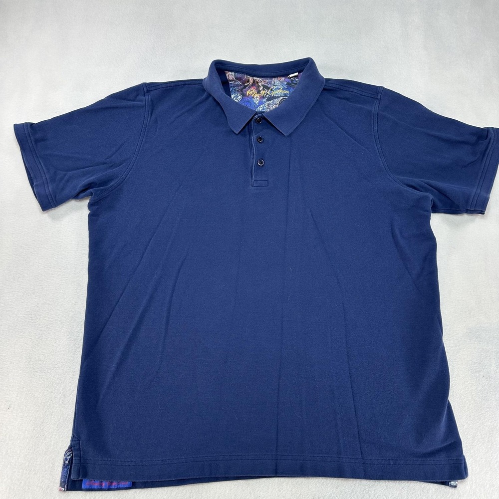 Robert Graham Polo Shirt Men's 2XL Navy‎ Classic Fit Paisley Trim Preppy Casual